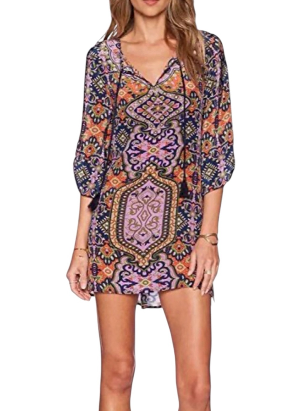 Tolani 100% silk geometric pattern boho 3/4 sleeve dress size Large